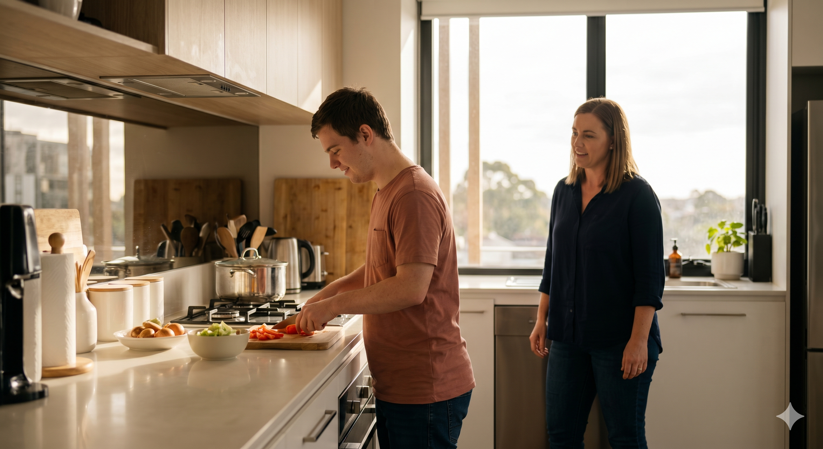Support worker helping participant with daily living tasks in the kitchen